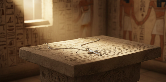 放置於古文明遺跡上的十字架項鍊，象徵首飾從古至今的起源與演變，承載著人類的信仰、地位與深厚心意。